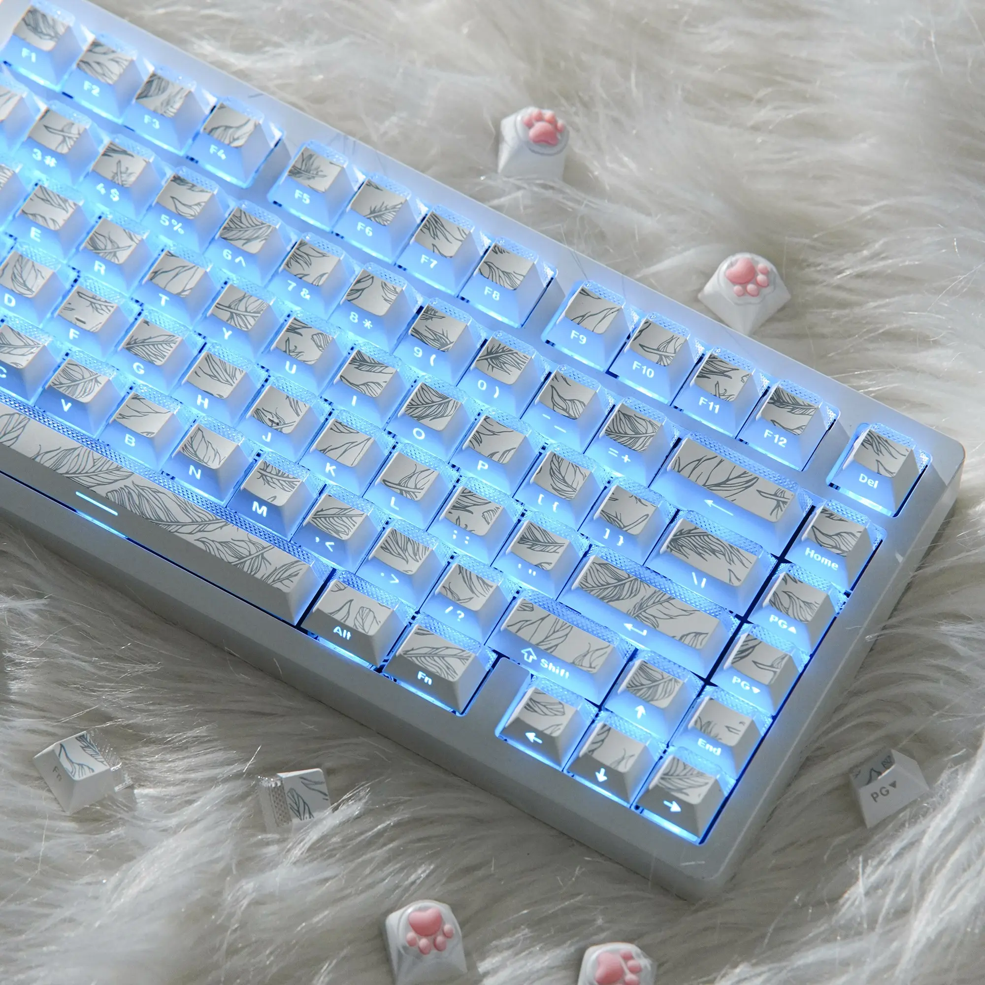 96 Keys Feather Keycaps Pbt PC Material UV Print Side Translucent Top Translucent No Pad for Mechanical Keyboard White Feather Keycaps