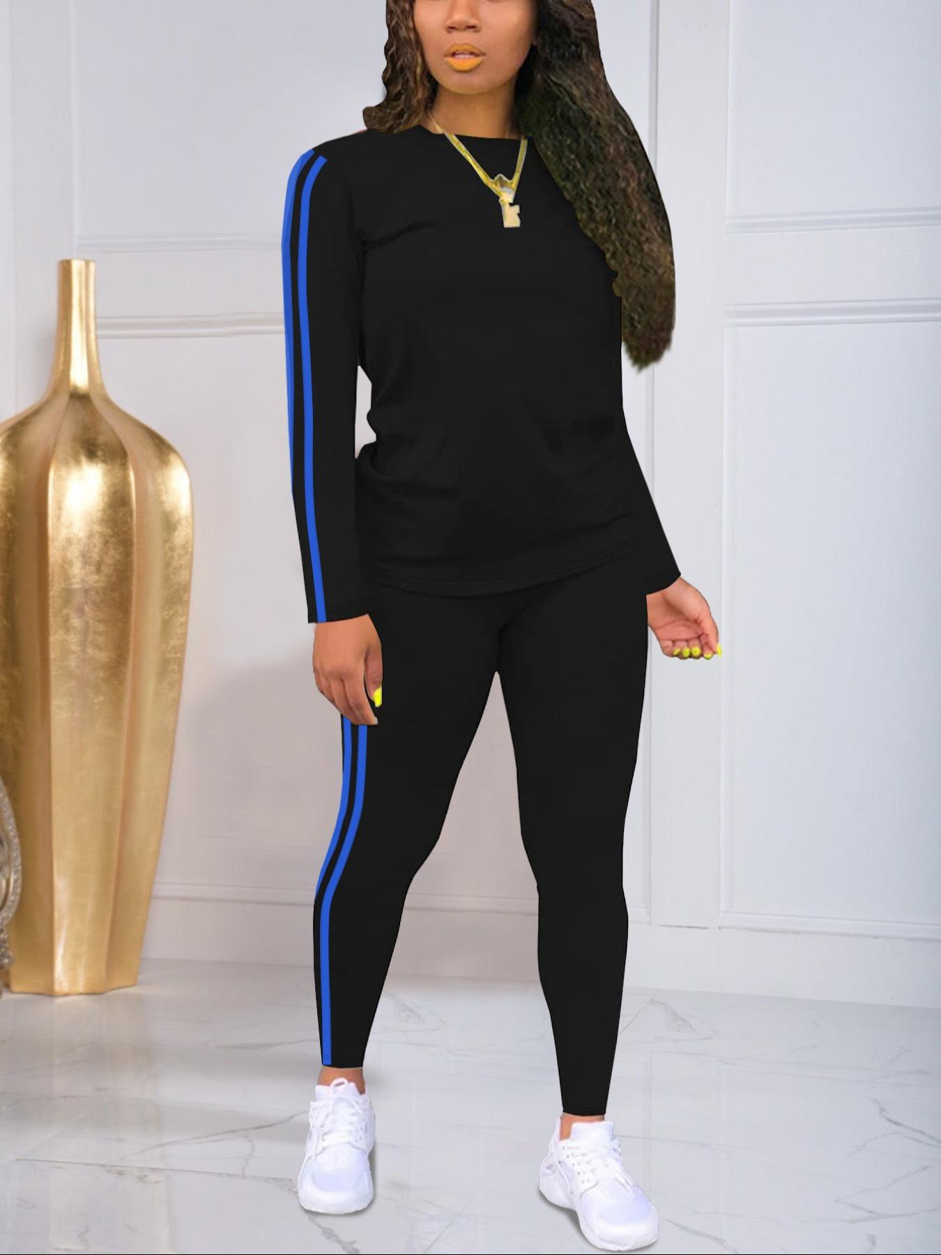 Women's Striped Print Long Sleeve Top & Pants Two-piece Set, Casual Fashion Cozy Round Neck Top & Trousers for Daily Outdoor Wear, Ladies Clothes for Spring