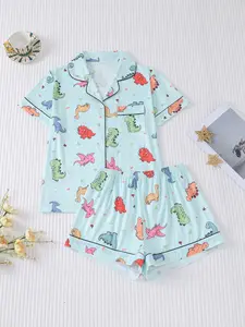 Women's Dinosaur Print Pajama Set, Comfortable Fitted Shirt & Elastic Shorts, Casual Summer Sleepwear, Loungewear for Pajama Party & Home