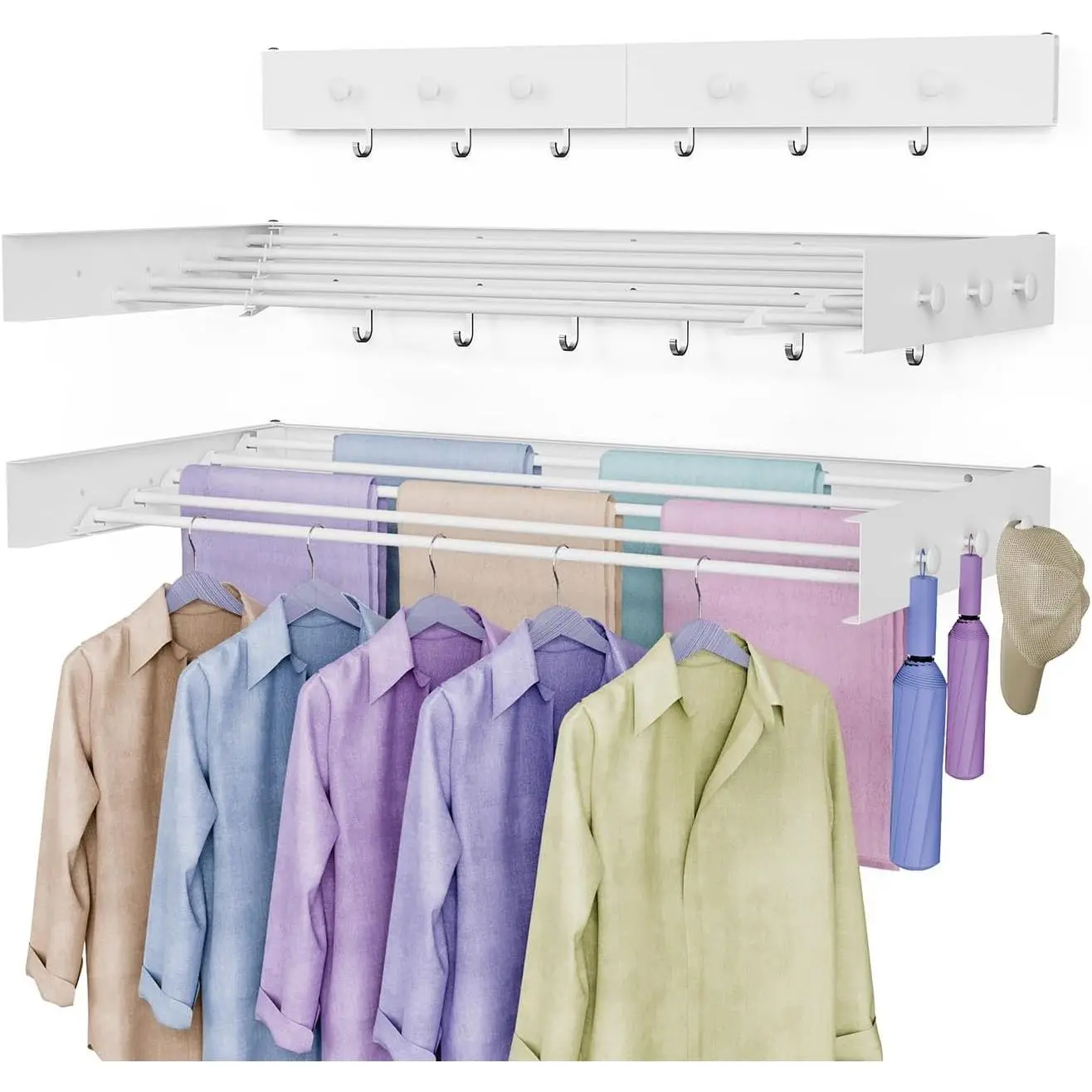 Foldable Collapsible Wall Mounted Space Saving Clothes Drying Rack 60 lb Capacity 5 Aluminium Poles with 6 Hooks White 40"