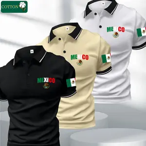 Men's 3-Piece Polo and Shorts Set, Vintage-Style Color-Block Cotton Outfit with Mexican Eagle Print, Casual Slim Fit in Black, White & Apricot