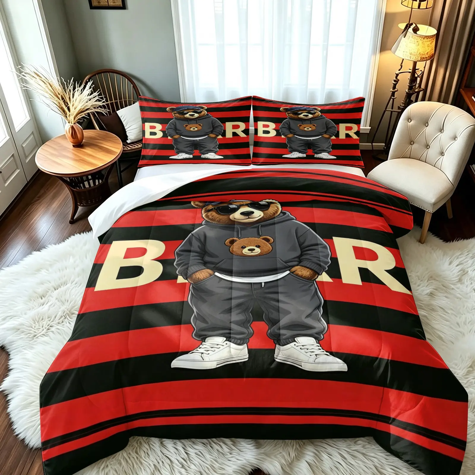 Bedding set with trendy teddy bear print pattern, including 1 quilt and 2 pillowcases without pillowcases, soft and comfortable, adult bedroom decoration gift, available in multiple sizes