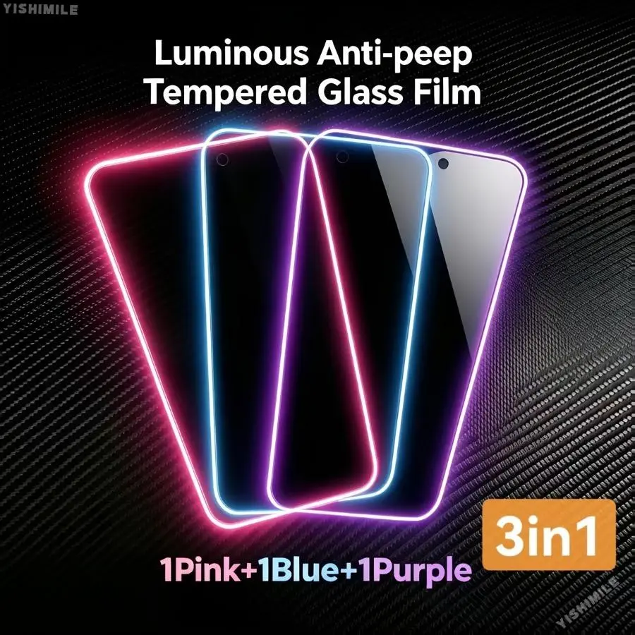 1 Pink 1 Blue 1 Purple 3-In-1 Luminous Privacy Tempered Glass for 13 14 15 16 17 Glowing Color Tempered Glass 13/14/15/16/17 Pro/Pro Max 16E/17E 16 Plus for iphone Air PRIVACY Screen Protector Set Screen Protector Nighttime, Anti-Spy