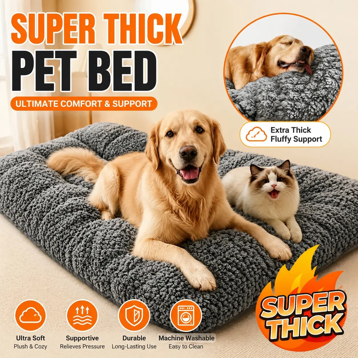 120×60 CM Extra‑Large Warm Plush Pet Mattress for Cats in Winter | Thickened Ultra‑soft Polyester Material, Suitable for Small, Medium and Large‑sized Dogs and Cats, Autumn‑winter Style, Cozy Crate Mat, Extra‑Large Puppy Bed for Dogs and Cats