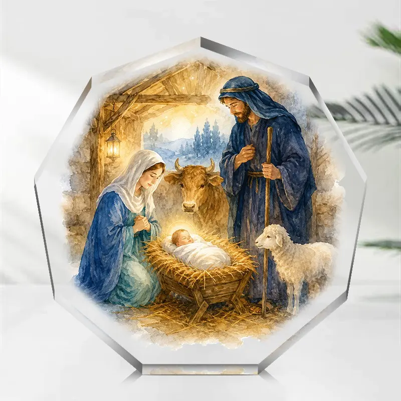 Nativity Scene Acrylic Desktop Ornament, Octagonal Tabletop Plaque, Religious Desk Decor, Christmas Gift for Home Office Study Table