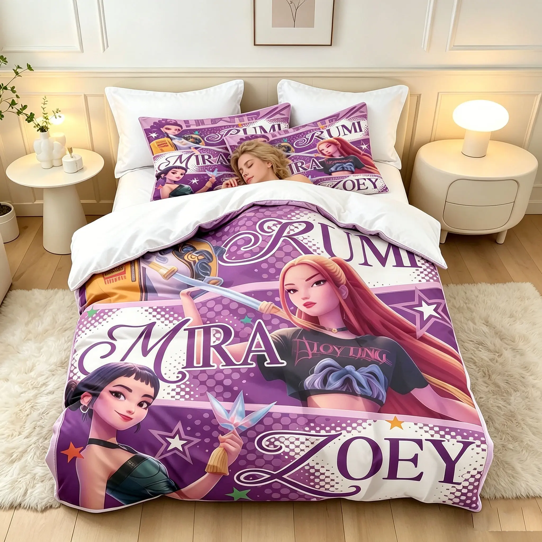 3-Piece Idol Girl Group Pattern Quilt Cover Set, Soft Comfortable Fabric, Includes 1 Quilt Cover and 2 Pillowcases, Ideal for Bedroom, Hotel, Dormitory, Bedding Sets