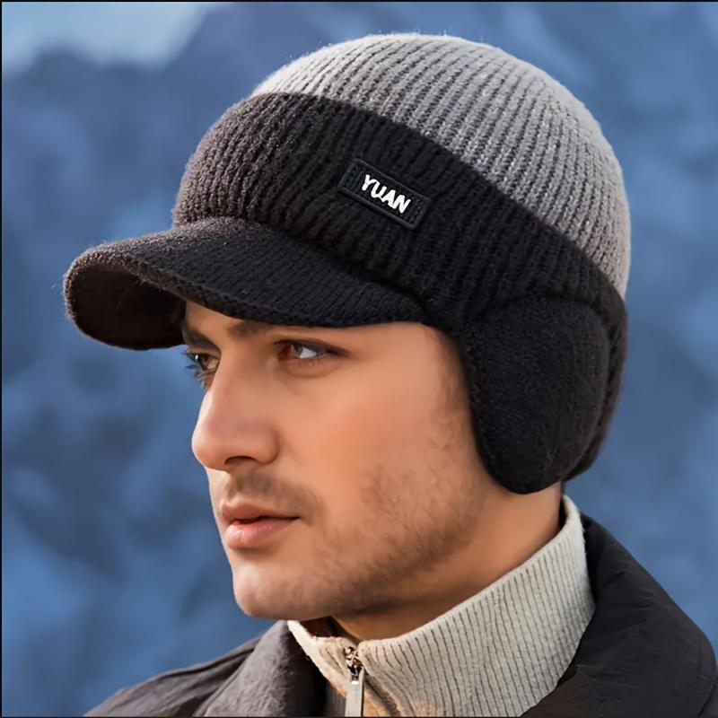 Men's Winter Knitted Ear Protection Duckbill Hat with Fleece Lining Warm Windproof Cap for Outdoor Cycling Cold Weather
