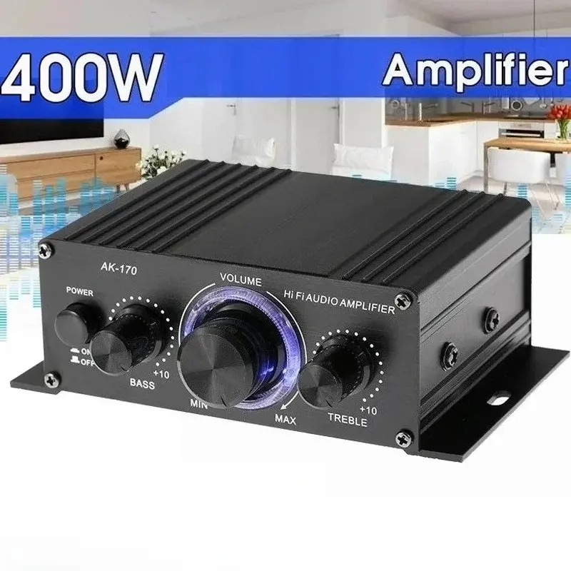 Aluminium Compact Unit Black Mini Digital Power Stereo Hifi Amplifiers - 200Wx2 2-Channel Low Distortion Audio with Blue Light, for Home Theater, Club Use