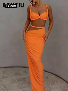 DOUCIU Multicolor Summer Beach Vacation Cool Light Sexy Hot Thin Women's Twisted Spaghetti Strap Vest Skirt Two-Piece Set, Lady Clothes, Plain Skirt Set