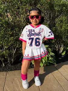 Girls' Summer Retro Baseball Dress Set, Usa Spirit & Number 76 Print V-Neck Top, Blue Star Stripes Pleated Skirt, Sporty Style