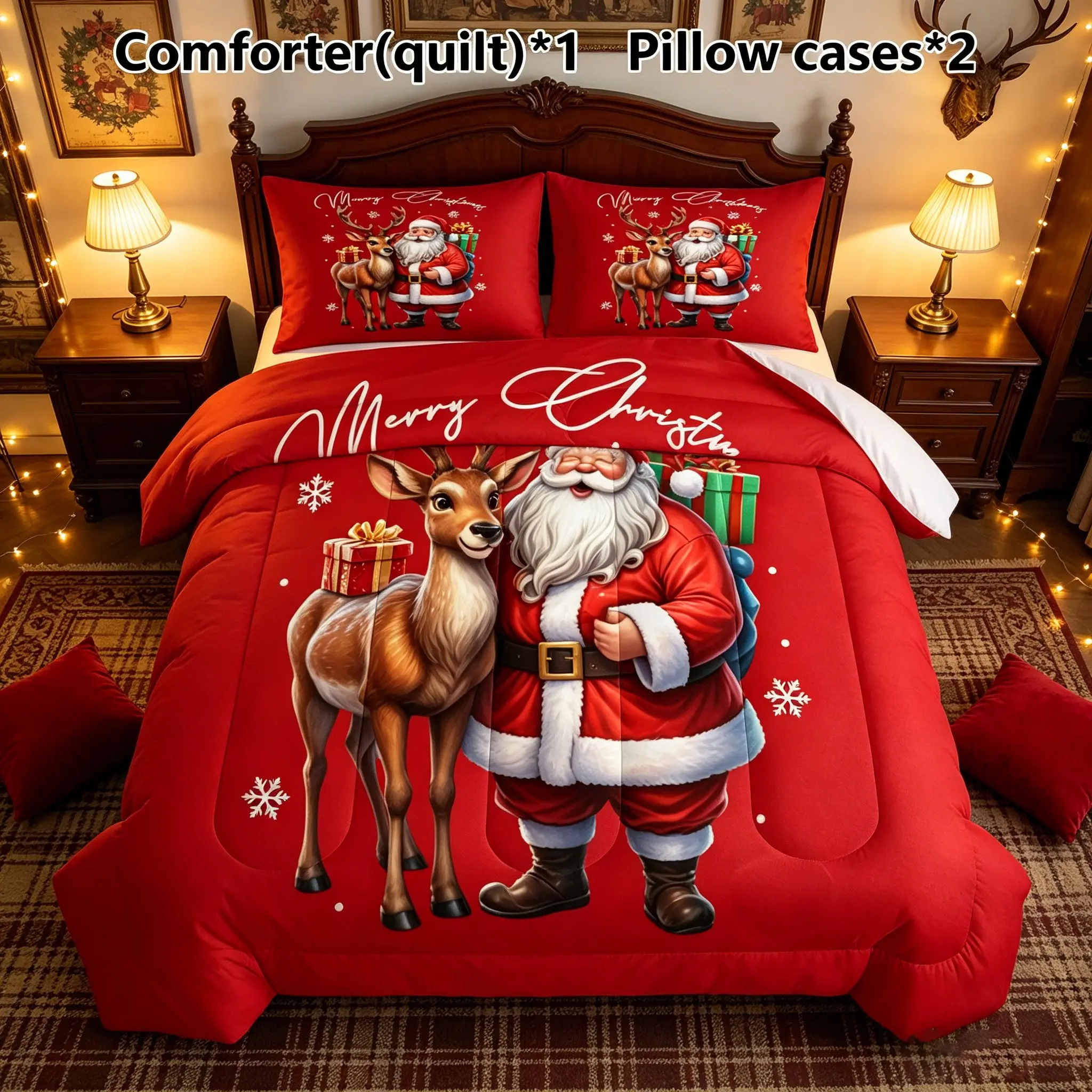 3pcs Crimson Santa Claus Elk Gift Snowflake Printed Quilted Quilt Set (1 Quilted Quilt+2 Pillowcases) Merry Christmas Holiday European and American Family Bedroom Homestay Hotel Christmas Atmosphere Bedroom Bedding Set