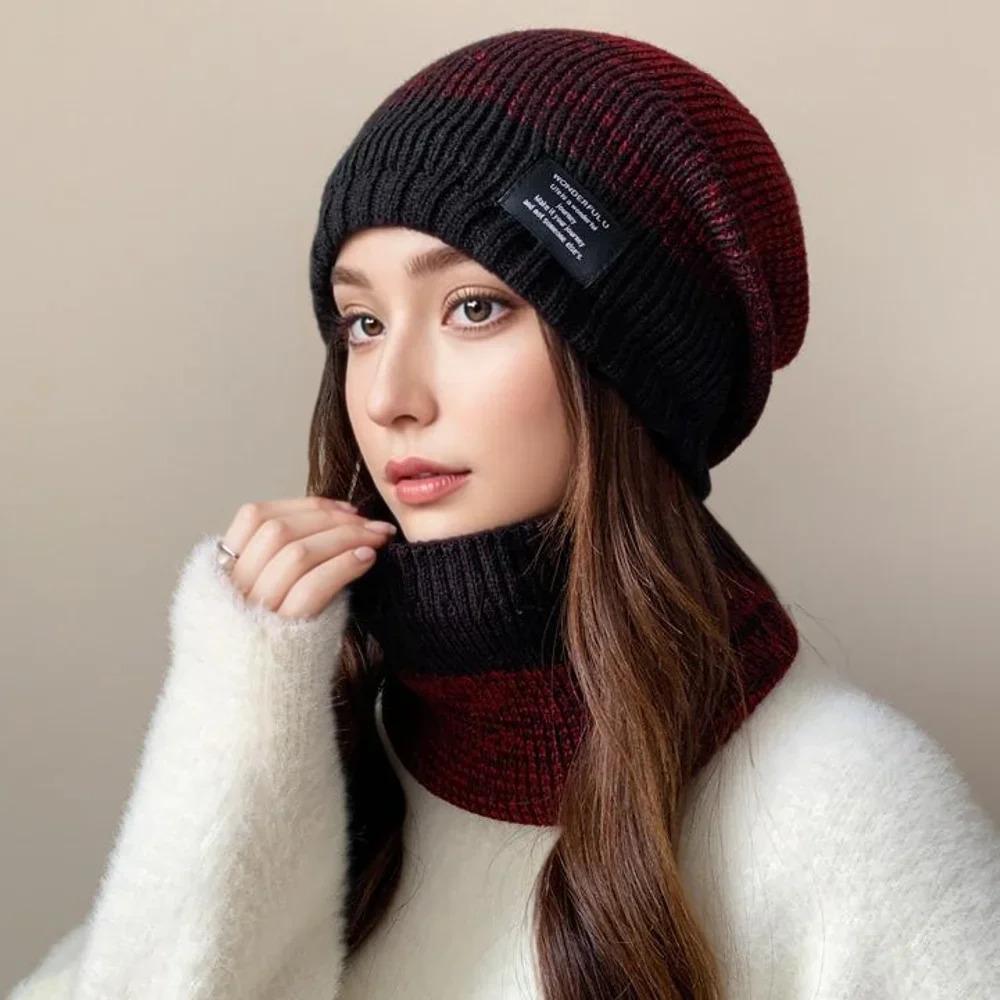 Hot Sale Plush Fur Lined Warm Winter Hats Stylish Gradient Color Beanie Hats For Women Fashion Outdoor Slouchy Ski Warm Set