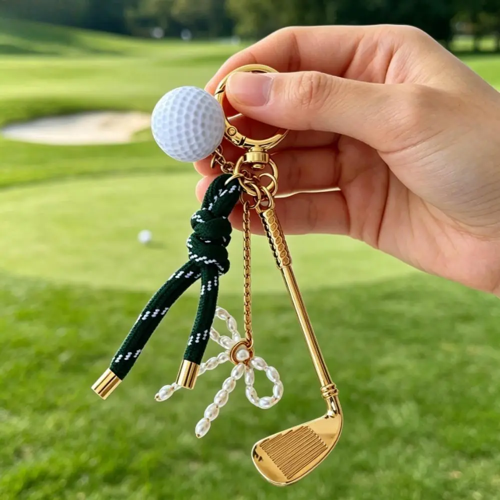 Golf Bag Charm Keychain for Golfers, Preppy Knotted Rope with Mini Club & Pearl Pendant, Clip for Country Club Outings