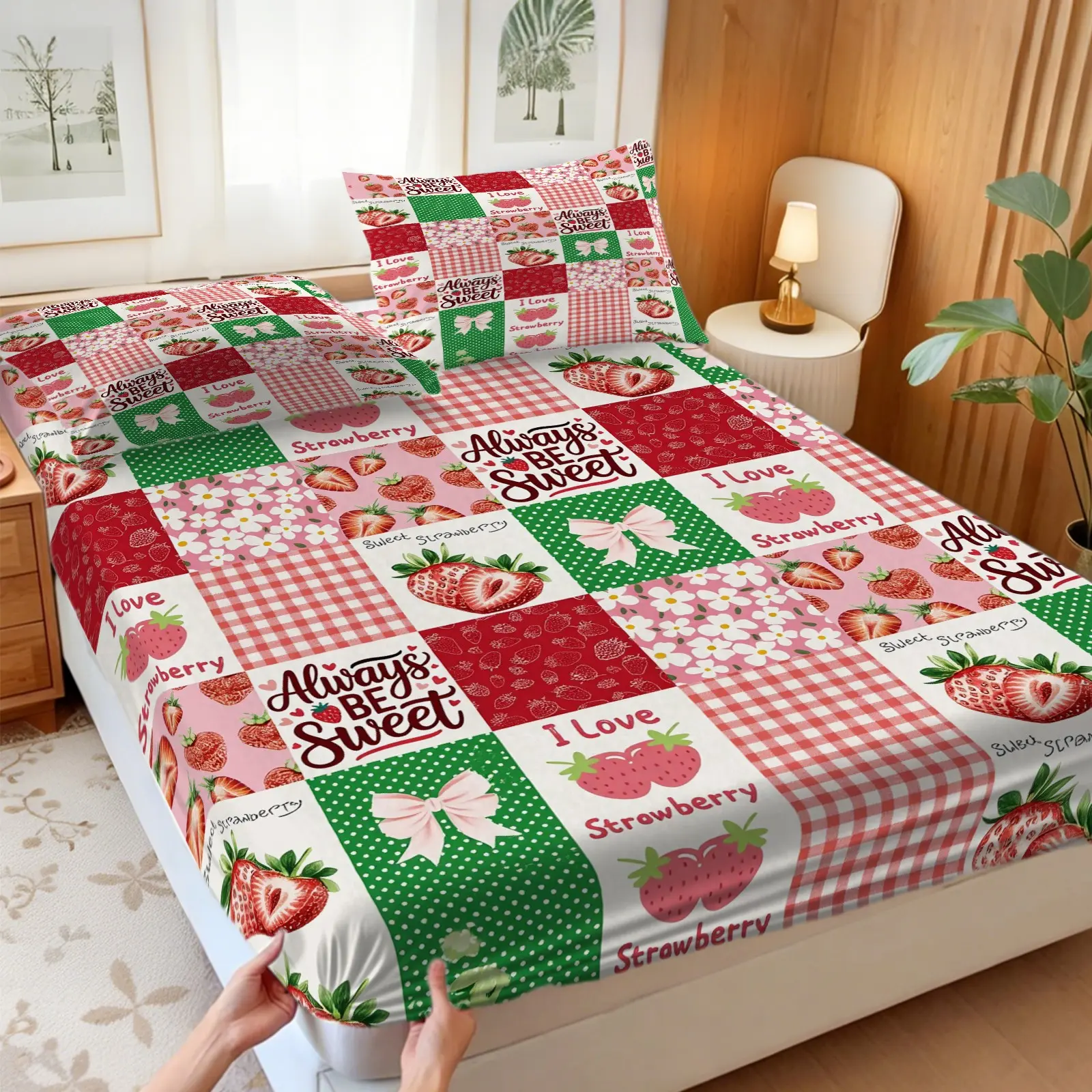 3Pcs Strawberry Patchwork Print Fitted Sheet Set, Sheets Set, Vibrant Digital Print Bed Sheet Set with No Fillers, Bedding Set Creates Sweet Cozy Cottage Vibe for Kids, Girls & Strawberry Lovers, Perfect for Bedroom, Guest Room & Dorm Styling