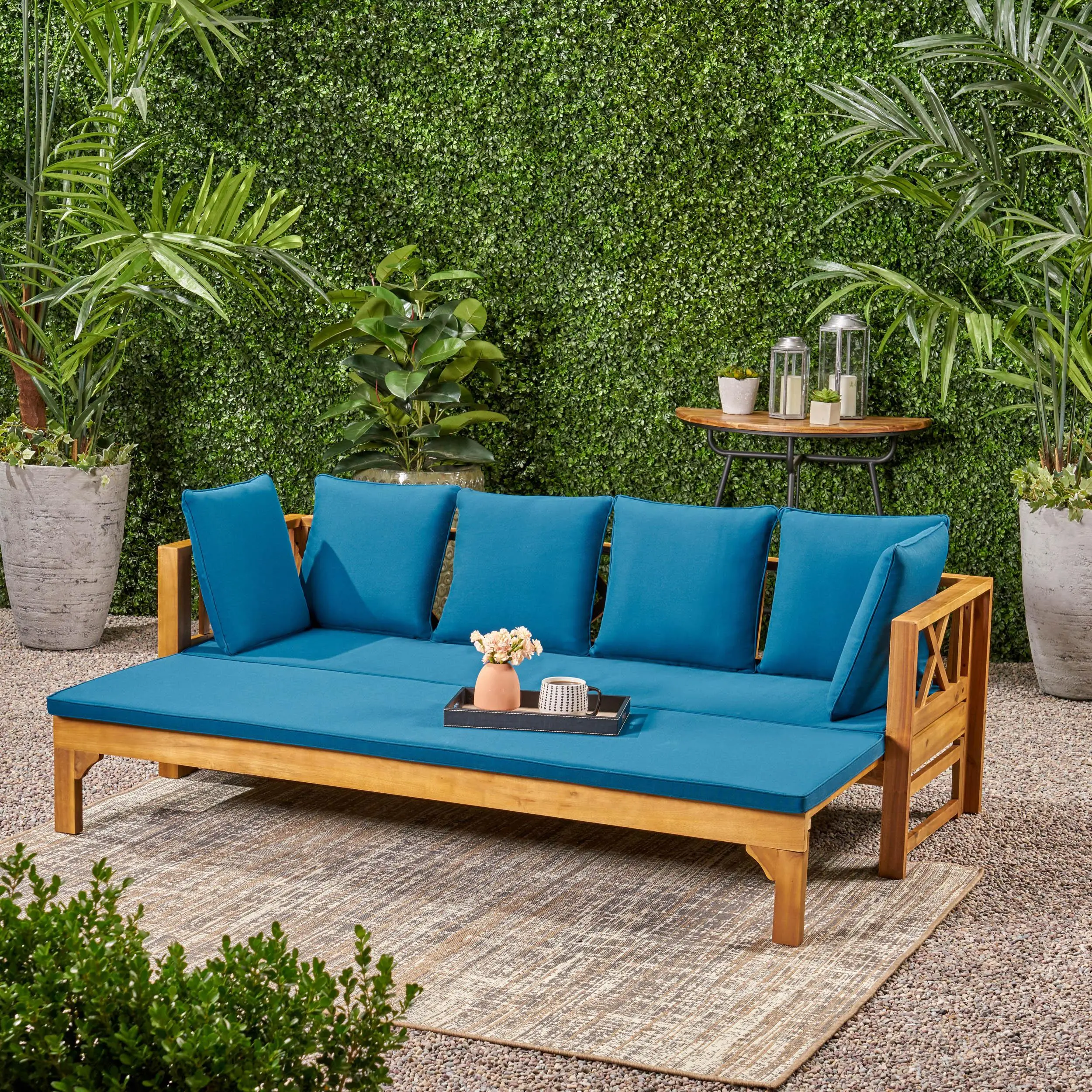 Extendable Acacia Wood Outdoor Sofa Daybed with Water-Resistant Cushions, 3-Seater Convertible Lounge for Patio Garden Yard, Teak Finish