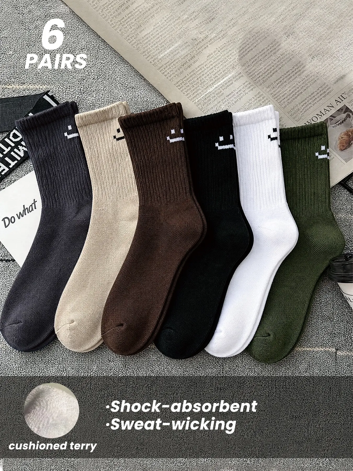 6 Pairs Neutral Pixel Smile Crew Socks, Retro Ribbed Unisex Mid-calf Socks, Trendy Neutral Earth Tone Street Skate Socks Set, Perfect with Birkenstock Sandals