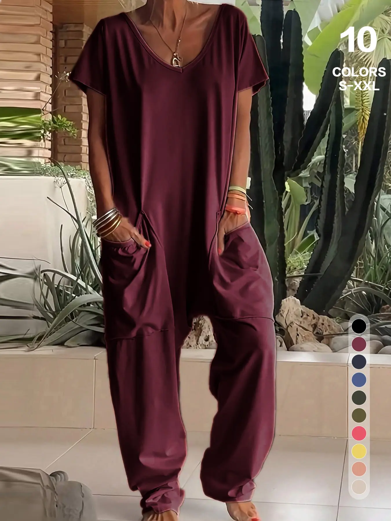 Loose-Fit Baggy Jumpsuit with Pockets, Solid Color Travel Jumpsuit, Casual All-Season Wear, Multiple Colors and Sizes Available