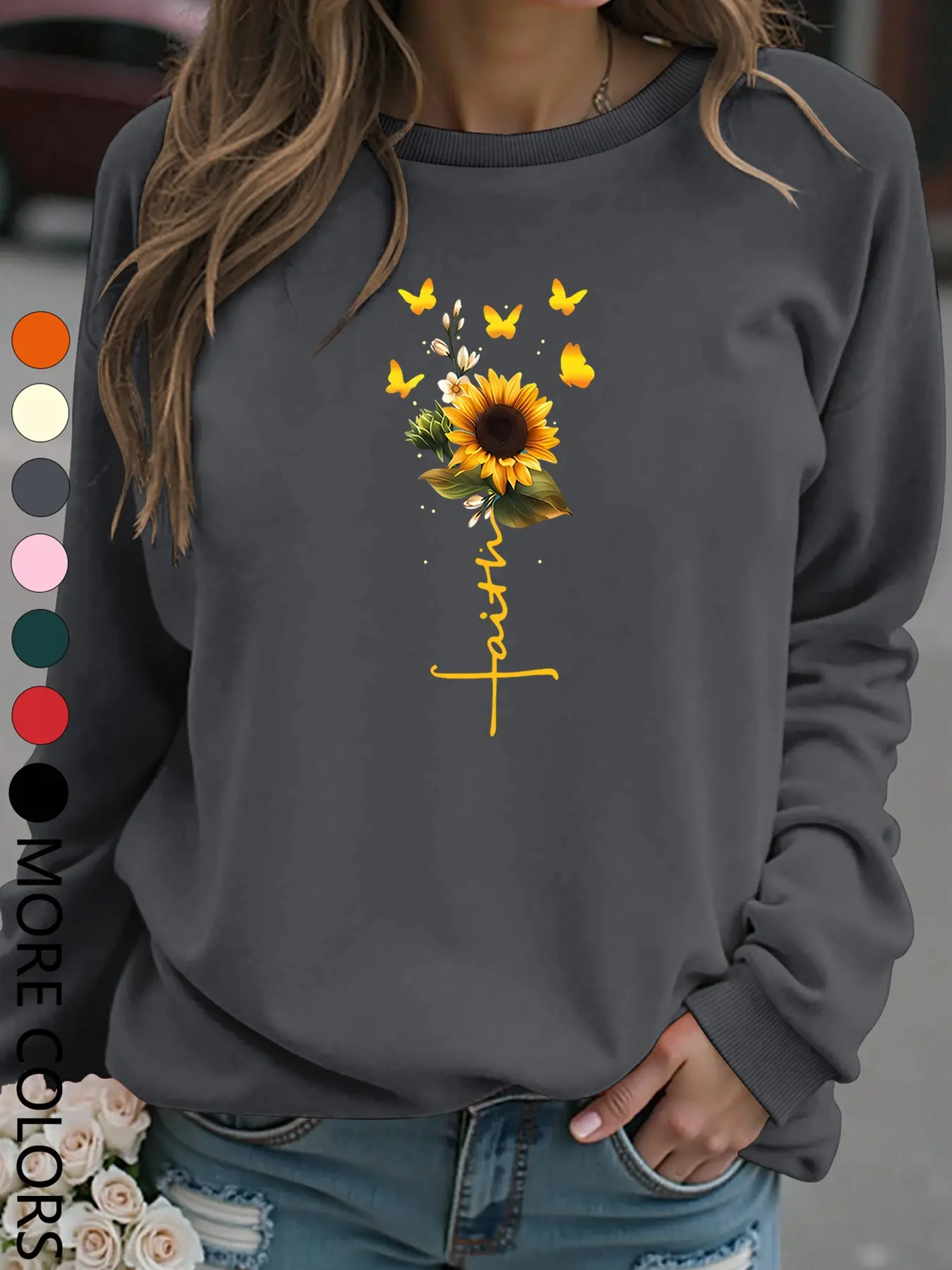 Women's Fall Winter Casual Sunflower Print Sweatshirt, Geometric Pattern Fitted Long Sleeve Top, Breathable Comfortable Daily Wear