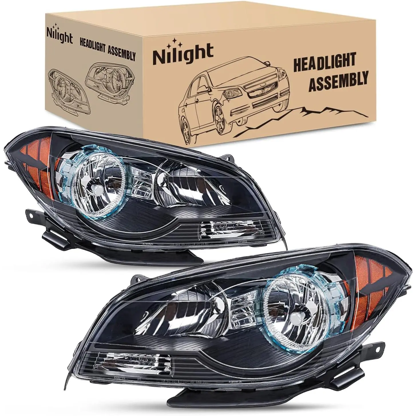 Nilight Halogen Headlight Assembly, Polycarbonate Black Housing with Amber Reflector, IP65 Anti-Fog Vents for 2008-2012 Chevy Malibu 4-Door (Driver & Passenger Side), Chevy Malibu Accessories for Night Driving, Pair Set