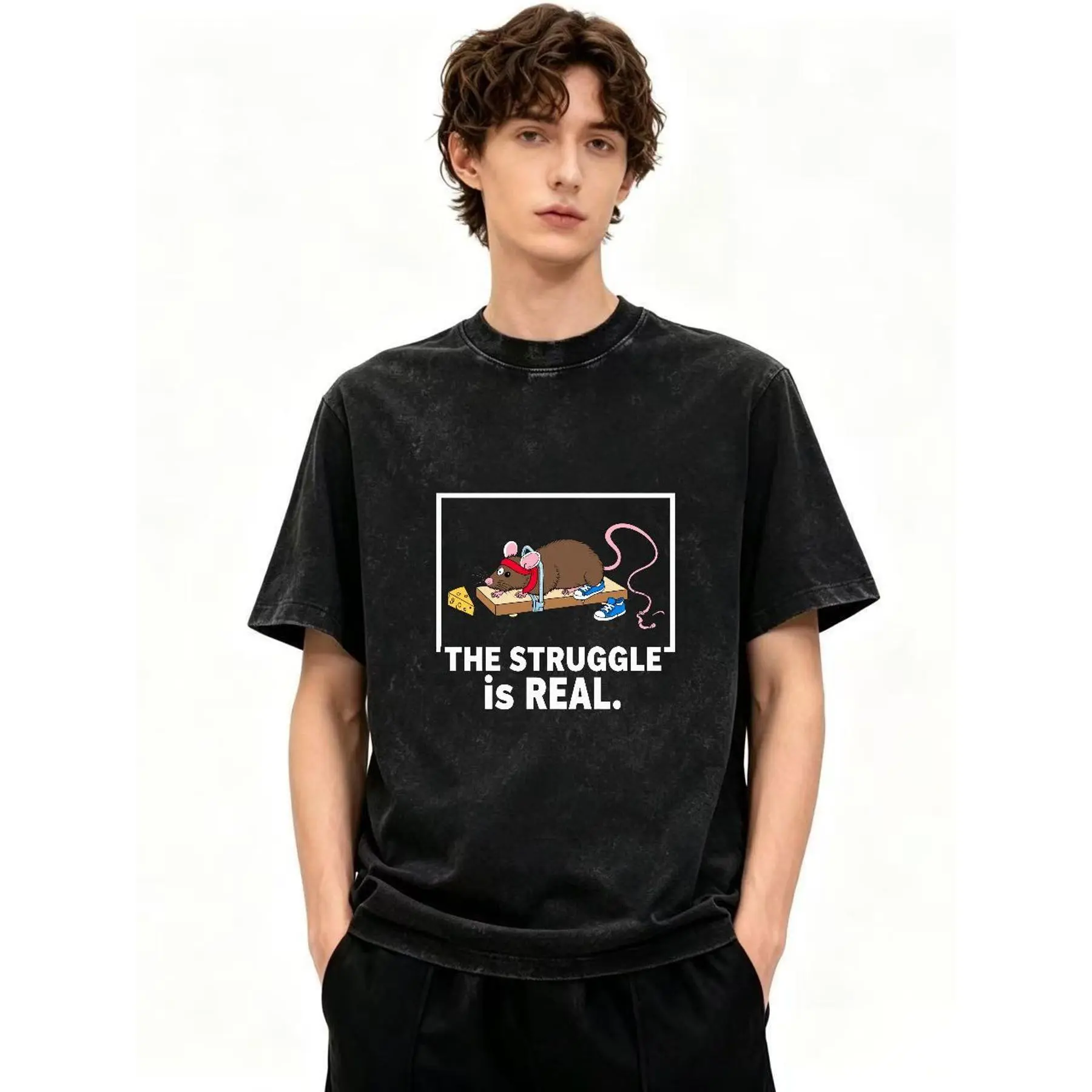 Washed distressed T-shirt, printed with a funny cartoon image of a mouse caught in a mousetrap with Swiss cheese, paired with the eye-catching text "THE STRLE Is REAL," a unisex trendy street-style summer casual top round neck