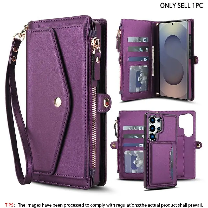 Leather zipper women's crossbody shoulder bag, Fashionable crossbody shoulder bag, phone case suitable for Samsung Galaxy S24 S23 S22Ultra/22Plus/multifunctional wallet, RFID shielded card slot, detachable phone case, Detachable crossbody strap