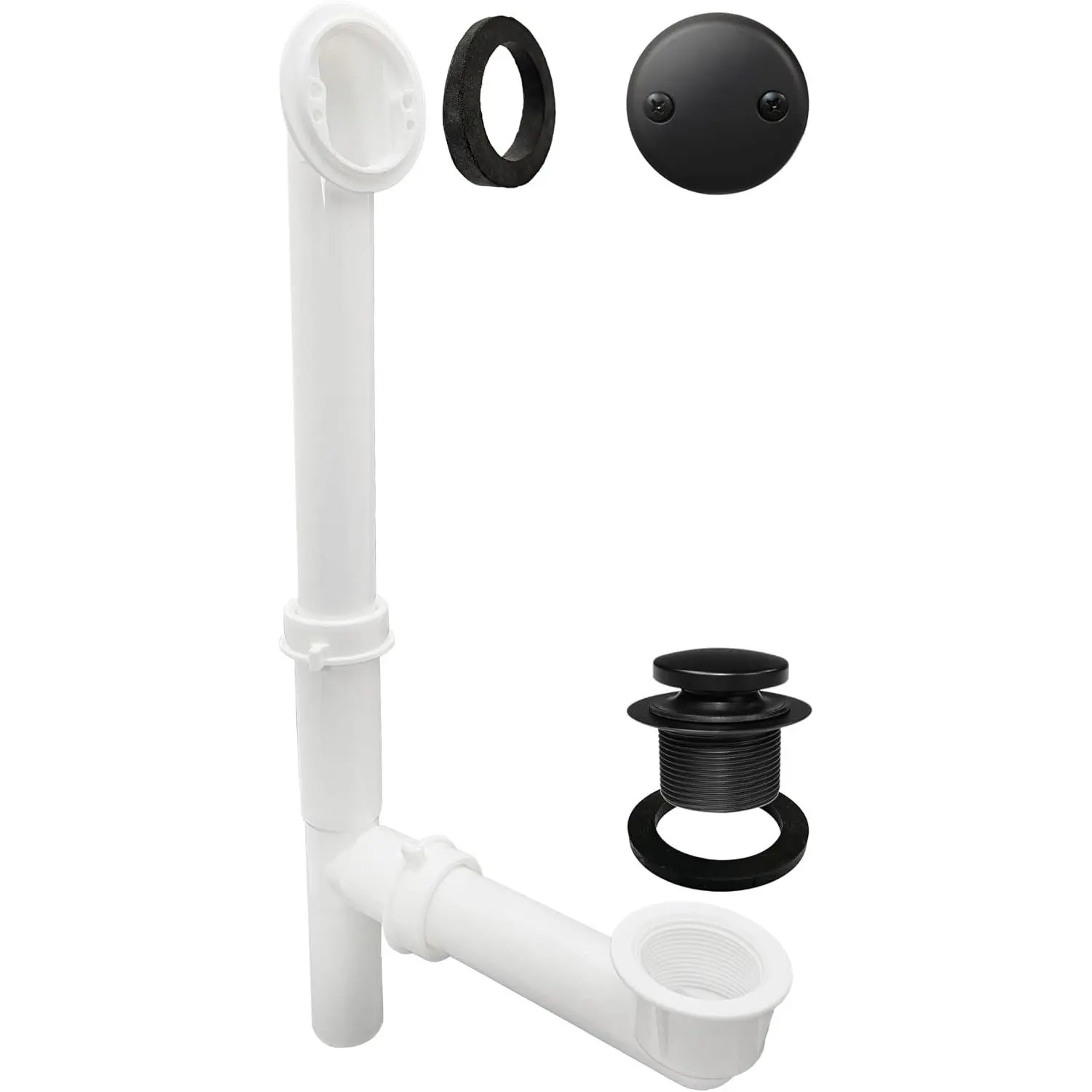 Westbrass 593244-62 Matte Black 1-1/2" Tubular Bath Drain Kit - Tip-Toe Plug, Leakproof Seal, 2-Hole Plate, 1 Pack, Remodeling Bathroom, Standard Fit