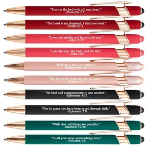 10Pcs/Set Bible Verse Ballpoint Pen, Ballpen Set, Black Ink, Inspirational Metal Pens, Retractable Ballpoint Pen with Stylus Tip, Creative Religious Gift, Suitable for Daily Use and Bible Study