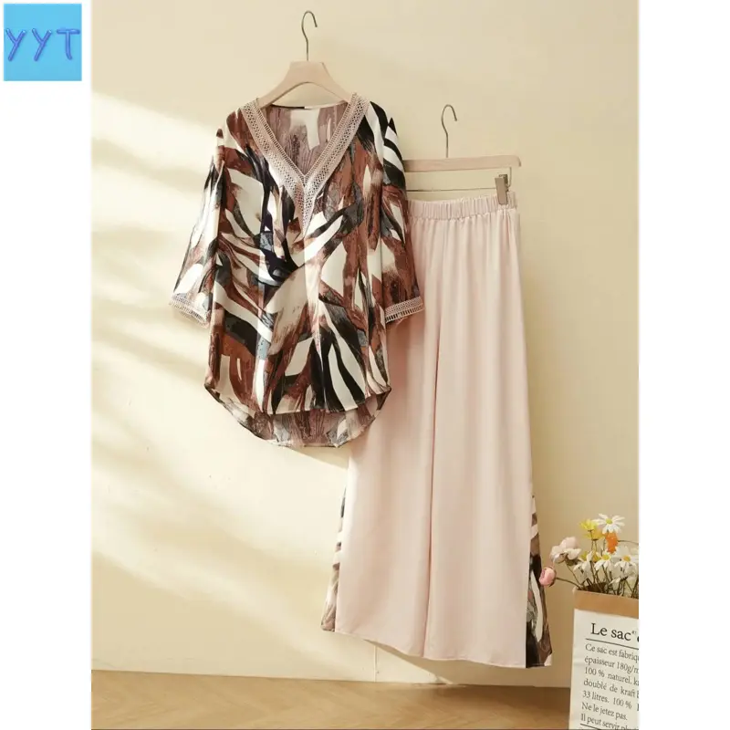 YYT1 Women's-End Aesthetic Print Set, Lace Patchwork V Neck Top & Drapey Flowy Wide Leg Pants, Casual Boho Bohemian Pattern Two-Piece