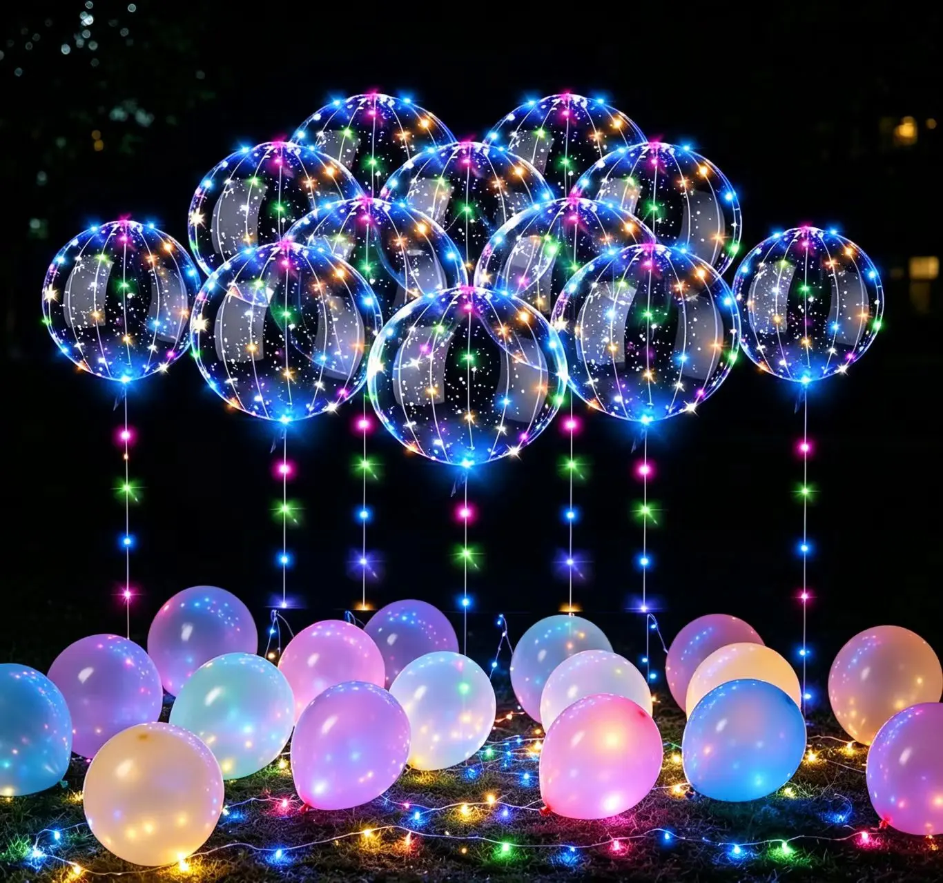 20pcs Set Includes (10 Balloons + 10 String Lights) Transparent Bobo Party Balloons with LED Lights, Helium-Filled Floating Balloon Decorations. Suitable for Wedding and Birthday Decorations, Party Supplies. Helium and Batteries are not inculde