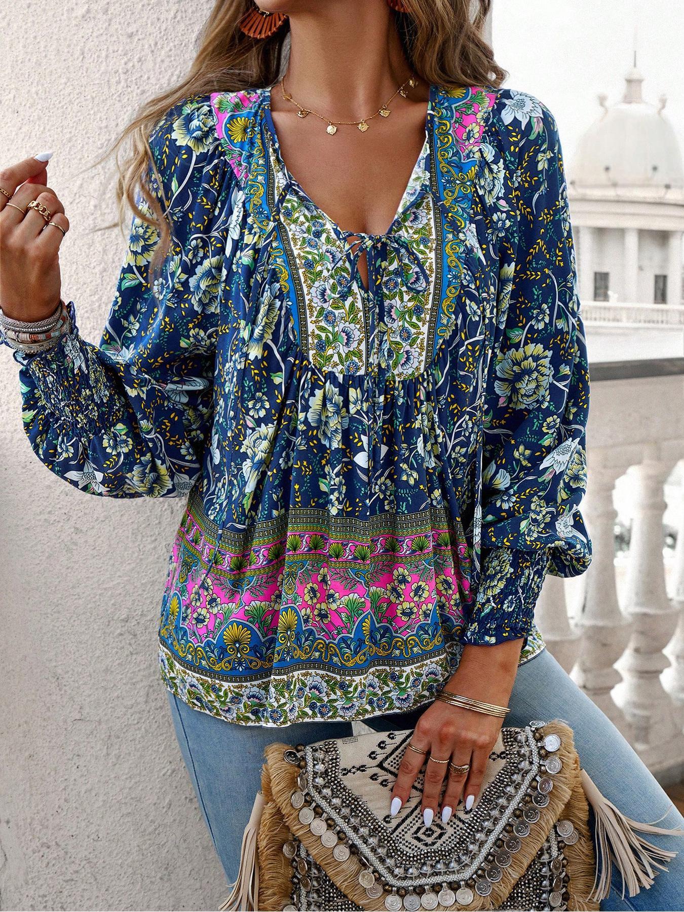 Women's All Over Boho Style Floral Print Tie Front Long Sleeve Blouse, Boho Cottagecore Blouse, Boho Chic Sleeve, Boho Casual V Neck Longsleeves Bishop Sleeve Frill Trim Top for Fall & Winter