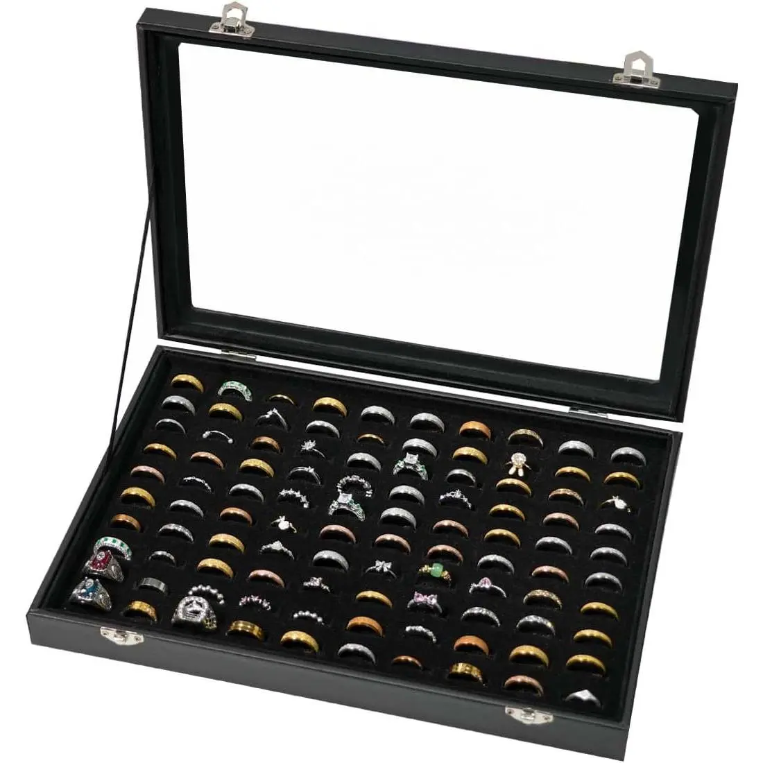 100 Slots Ring Display Case with Transparent Lid Ring Storage Box Rings Holder Case For Store Display Home Jewelry Display Rings Organizer Earring Holder Display Tray