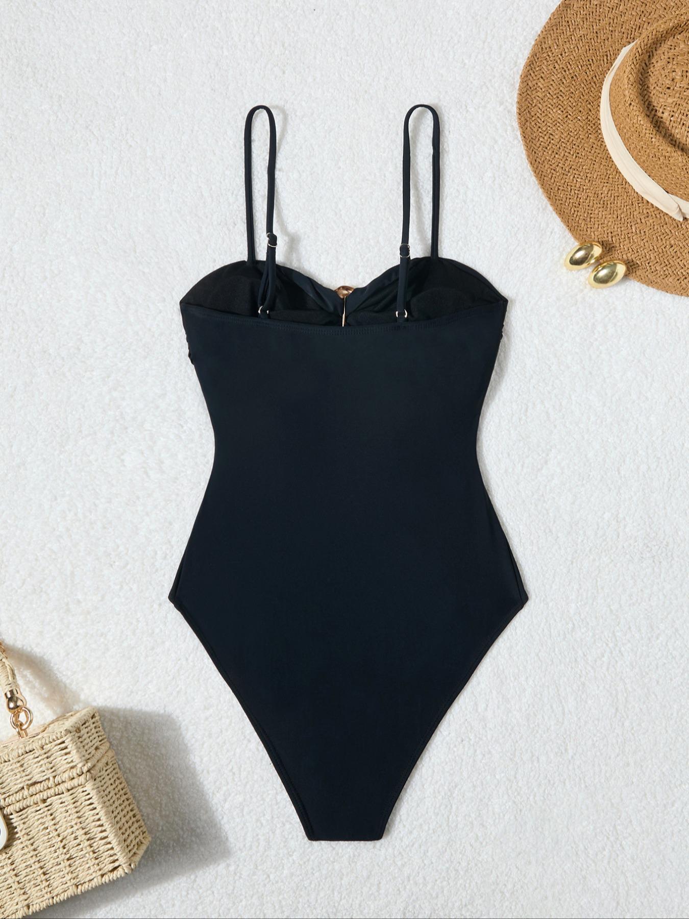 Women's Solid Color Metal Decor One-piece Swimsuit, Casual Sleeveless Swimwear for Beach Holiday Vacation, Ladies Swimsuit, Cutout Bathing Suits for All Seasons