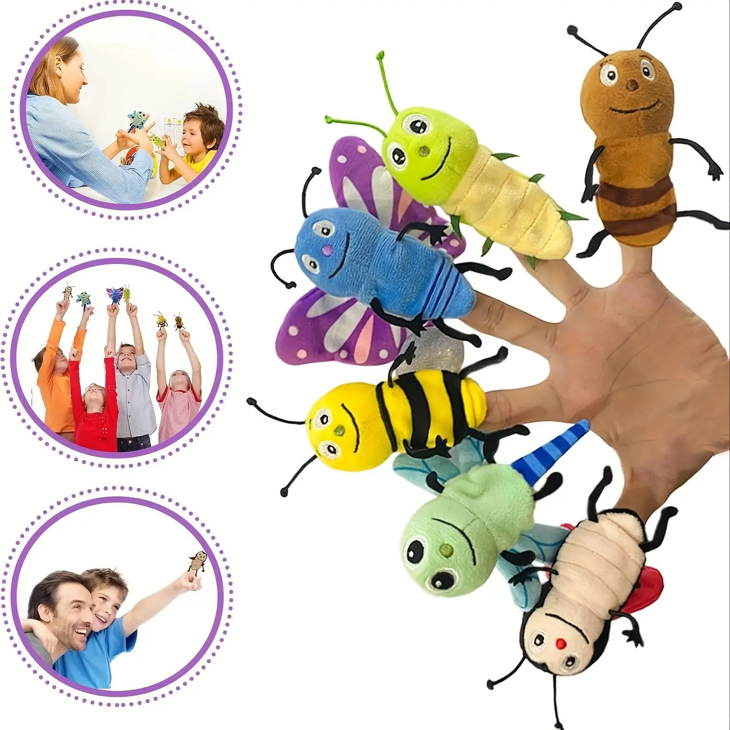 UNSNURNOCH 6-Style Insect Plush Finger Puppets - Realistic Mini Hand Puppets with Ants, Beetles, Bees, Wasps, Flies - Soft Unisex Toys for 3-4 Years Toddlers, Ideal for Role-Play, Early Learning Teaching