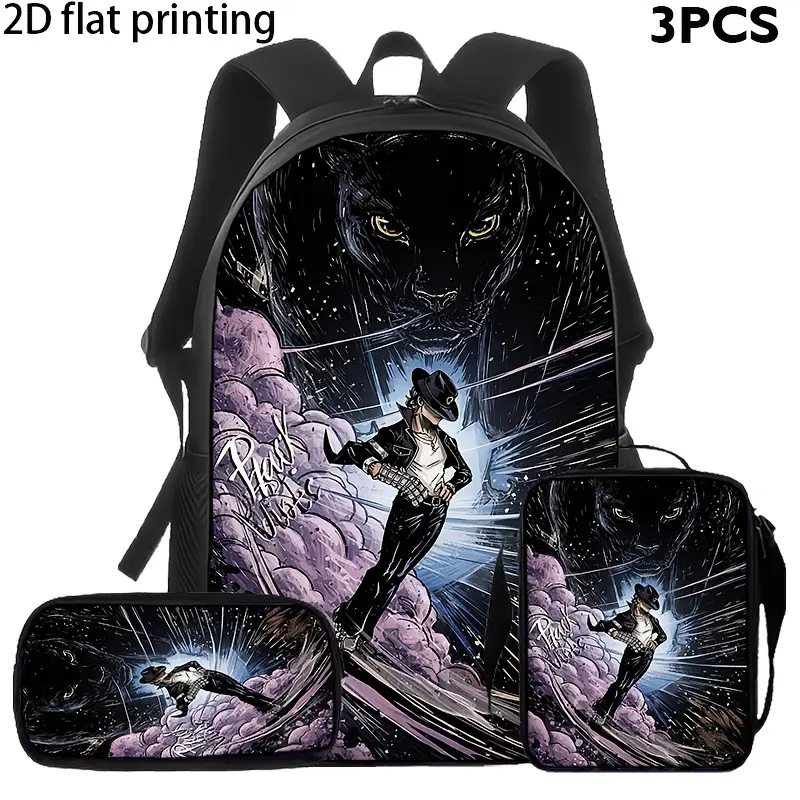 A Three-Piece Set of Black Panther Themed Print Bags, Including a Large Capacity Backpack, a Crossbody Bag, And a Pencil Case, Featuring a Cool Anime Style, Perfect for Students' Daily Commutes