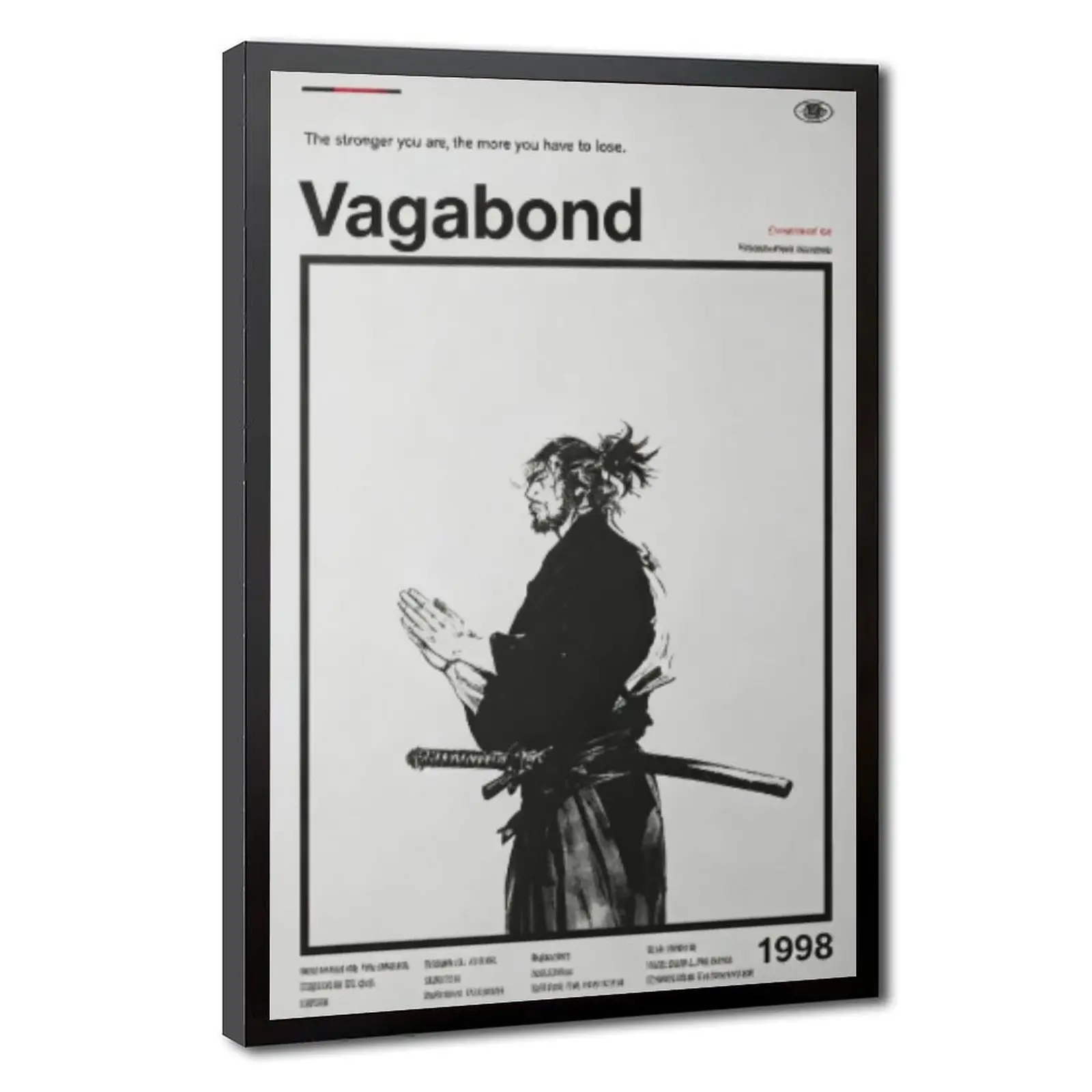 Vagabond Miyamoto Musashi Praying Samurai Framed Poster Print - 1998 Minimalist Black White Cartoon Manga Quote Artwork, Wood Frame, UV Resistant Ink, Japanese Bushido Vintage Wall Decor, Includes Hangers, Ideal Gift for Samurai Fans