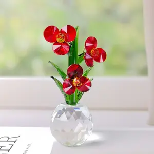 Shiny Crystal Red Orchid Desktop Decor, Xmas Thanksgiving Birthday Present for Women, Mini Crystal Flower Craft Ornament