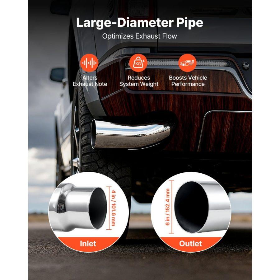 VEVOR Elbow Exhaust Tip, 4 Inch Inlet, 6 Inch Outlet, 23 in Overall Length, Chrome Turn Down Exhaust Tip with Clamp for Truck, Sedan, Sports Car, SUV, Chrome Structure for High Temperature Resistance