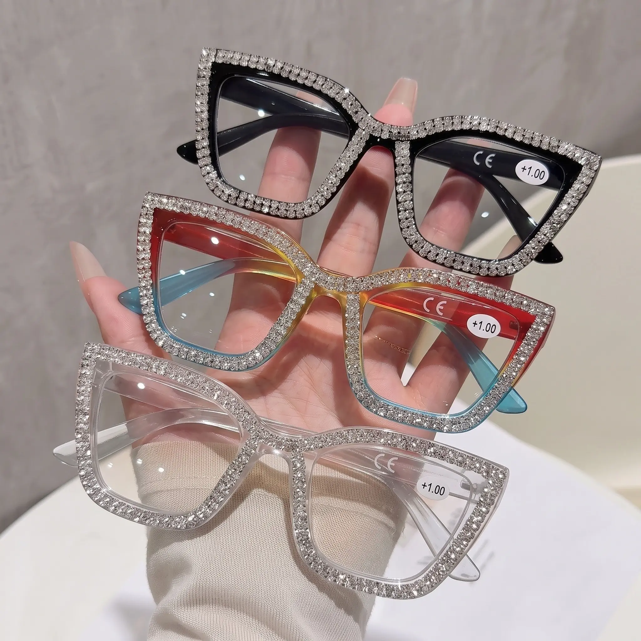 GIGULA 3pcs Women's Sparkling Rhinestone Reading Glasses, Luxurious Shiny Water Drill Frame, Fashionable for Office and Parties