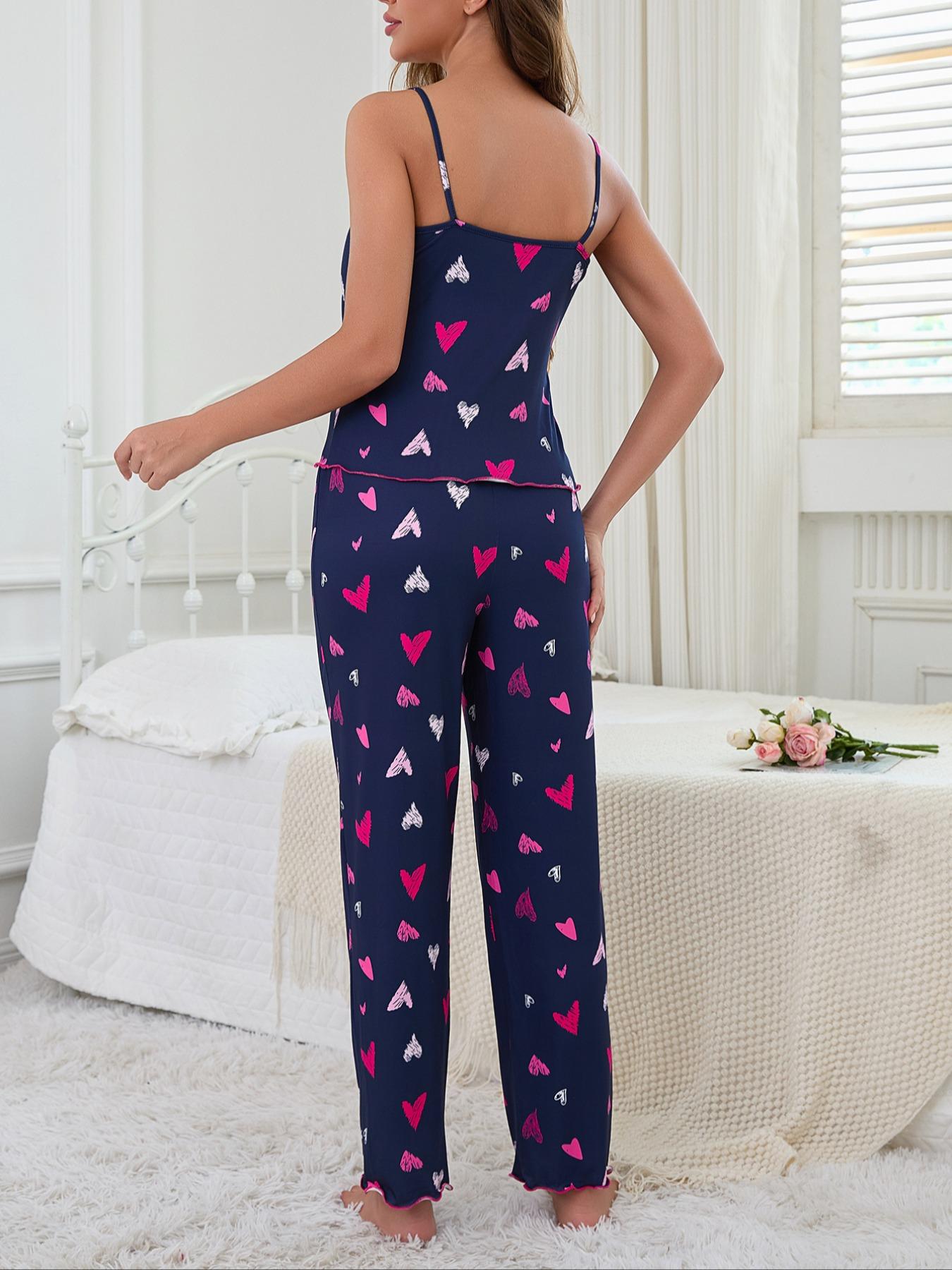 Women's Heart Print Robe Set with Tank Top & Leggings, Comfortable Casual Home Wear, Fall Winter Fitted Sleepwear, 3 Piece, Soft Lounge Sets