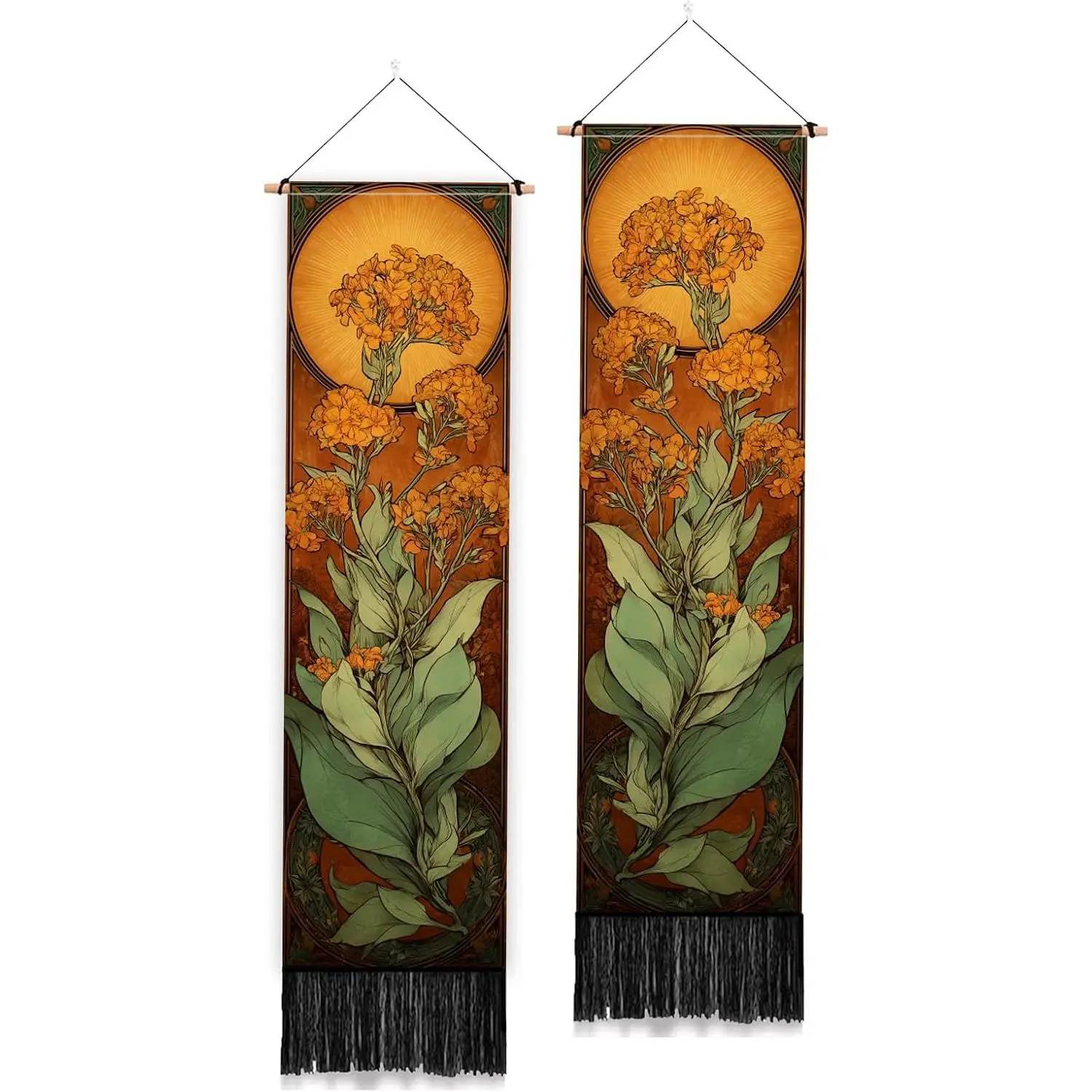 PLIGREAT 2-Pack Polyester Vintage Floral Vertical Tapestry - Art Nouveau Botanical Print with Tassels, 52 Inch Length Decorative Home Decor Gift for Bedroom Living Room, Elegant And Generous