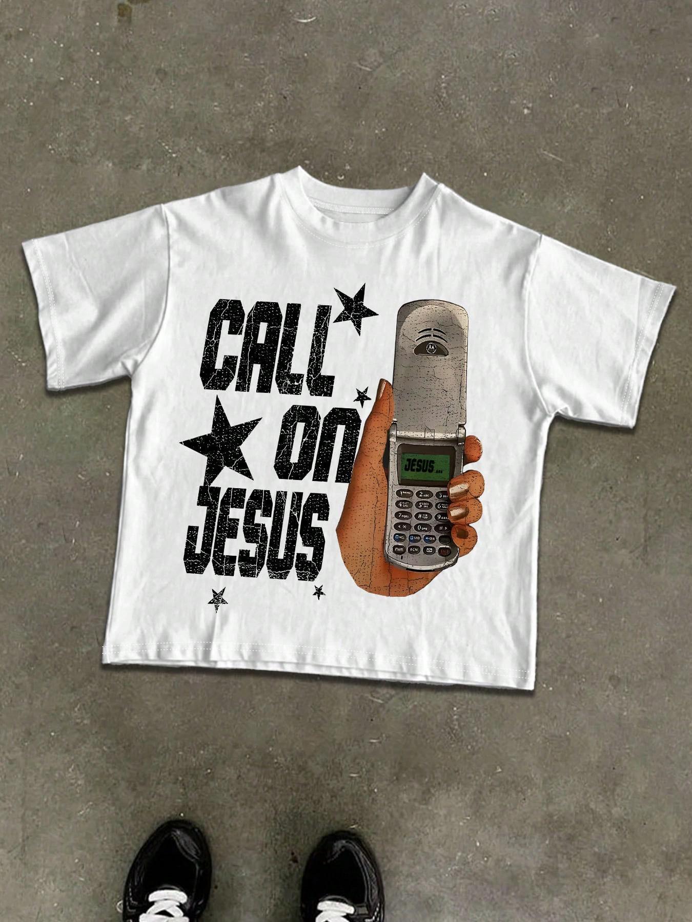 Men's Cotton T-Shirt, Short Sleeve, Phone & Star Print, Loose Fit, Casual Style, Summer Fashion, Outdoor Sports Streetwear