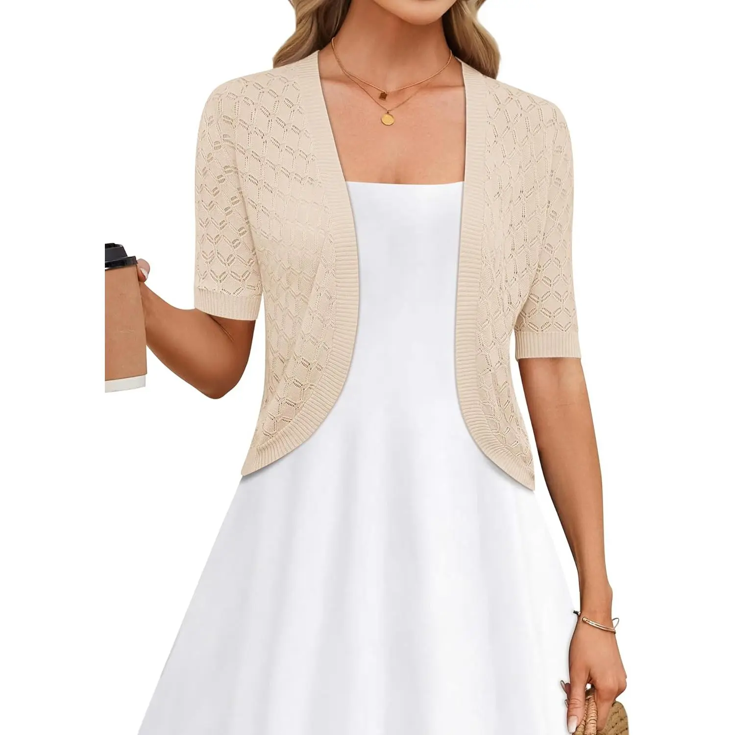 Women's Basic Short-Sleeve Knitwear Bolero Shrug, Open-Front Lightweight Cropped Cardigan Tops, Shortsleeve