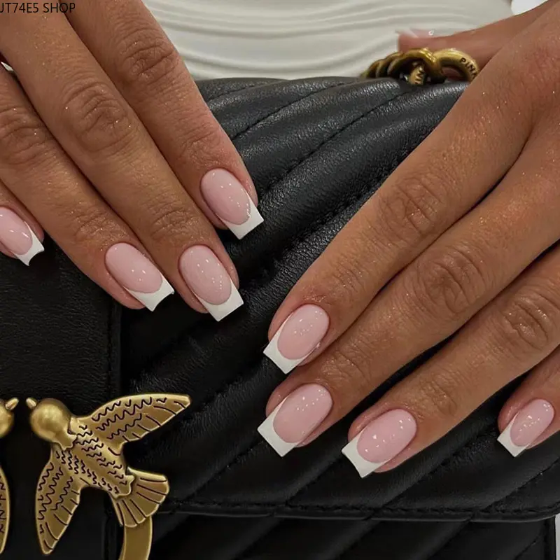 Square Press On Nails, European Medium Long French White Tip Pink False Nail Tips Fashion Finished Nail Art Nail Art Products Press Ons Nail