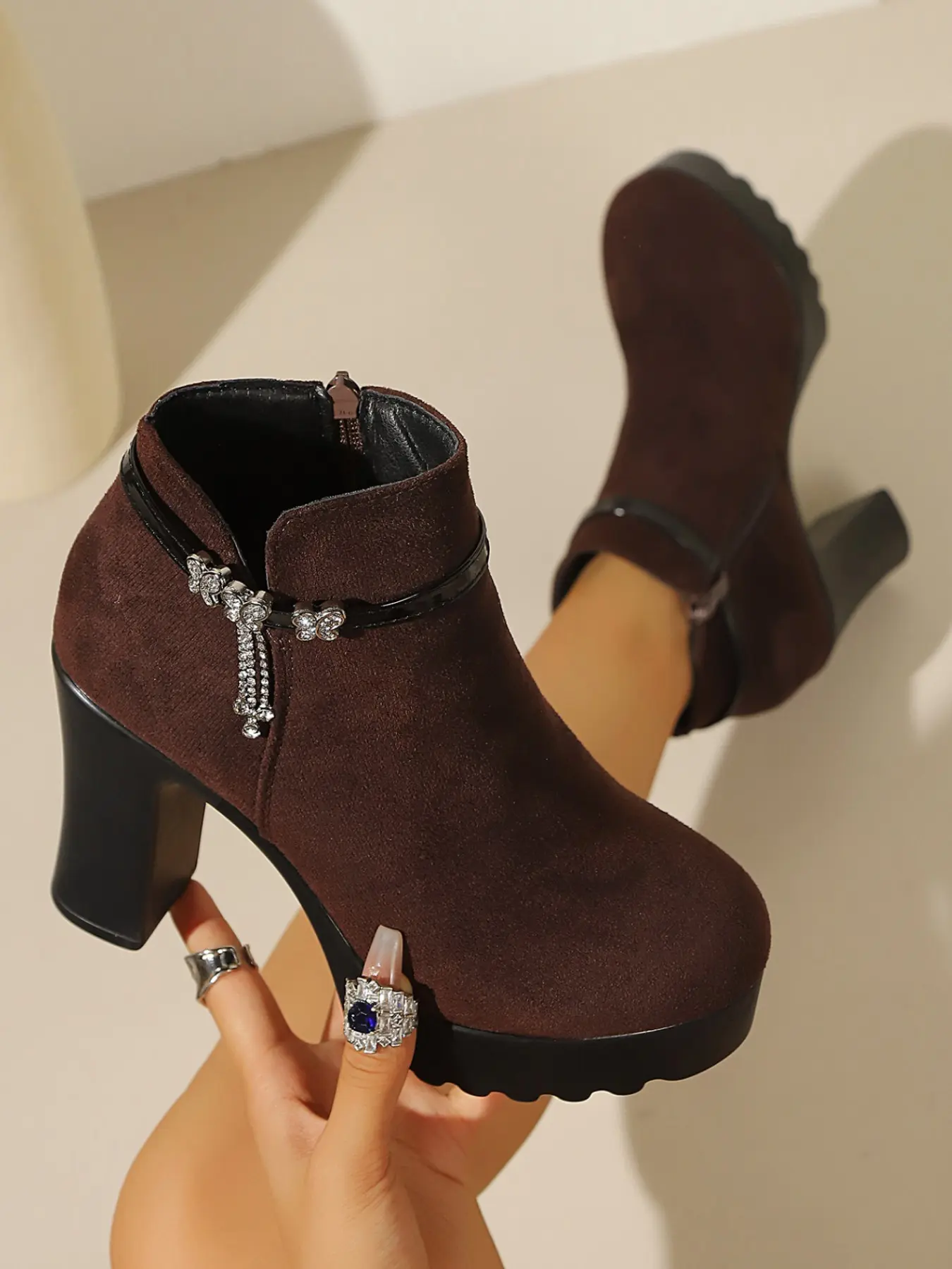 Women's Casual Waterproof Short Boots, Rhinestone Butterfly Strap, Thick Sole, Round Toe, Side Zipper, Fall & Winter Fashion