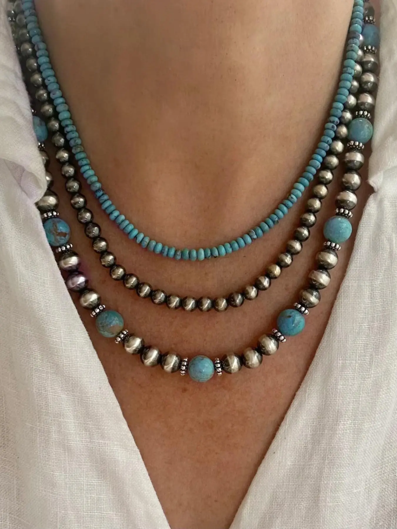 Vintage Silver Beads Necklace, Necklets, Natural Turquoise, Three-Layer Design, Western Cowboy Style, Neckline Accent, Unique Fashion, Casual Office Wear