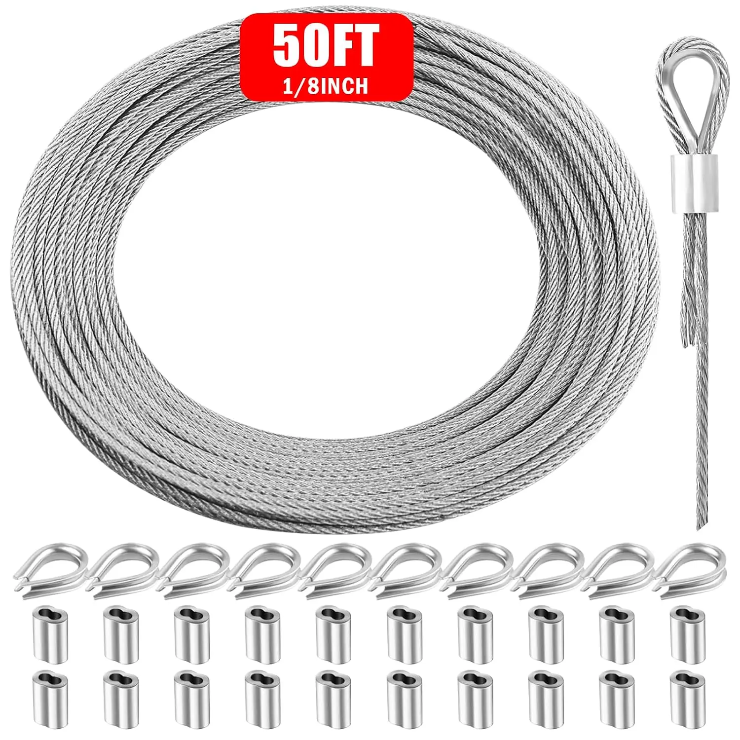 Metal Wire 1/8 inch Carbon Steel Galvanized  50FT Length Aircraft  7x7 Strand Core Picture  Wire with 10 count Thimbles and 20 count  Sleeves