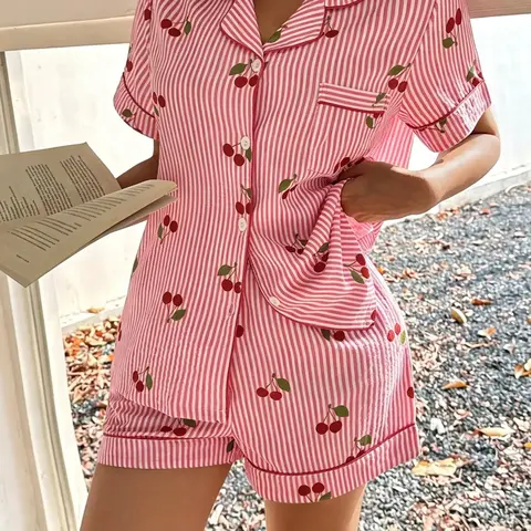 Striped Cherry Print Women's Pajama Set, Sweet Collar Short Sleeve Top with Pockets, Bow Shorts, Casual Home Wear
