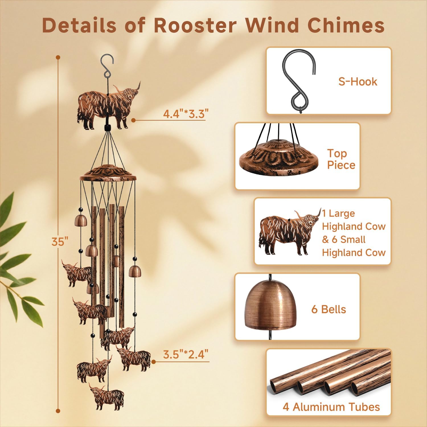 Highland Cow Wind Chimes for Outside, Highland Cow Gifts for Women/Men/Mother/Father, Metal Windchimes for Birthday/Christmas/Thanksgiving, Cow Decor for Patio, Garden,Yard,