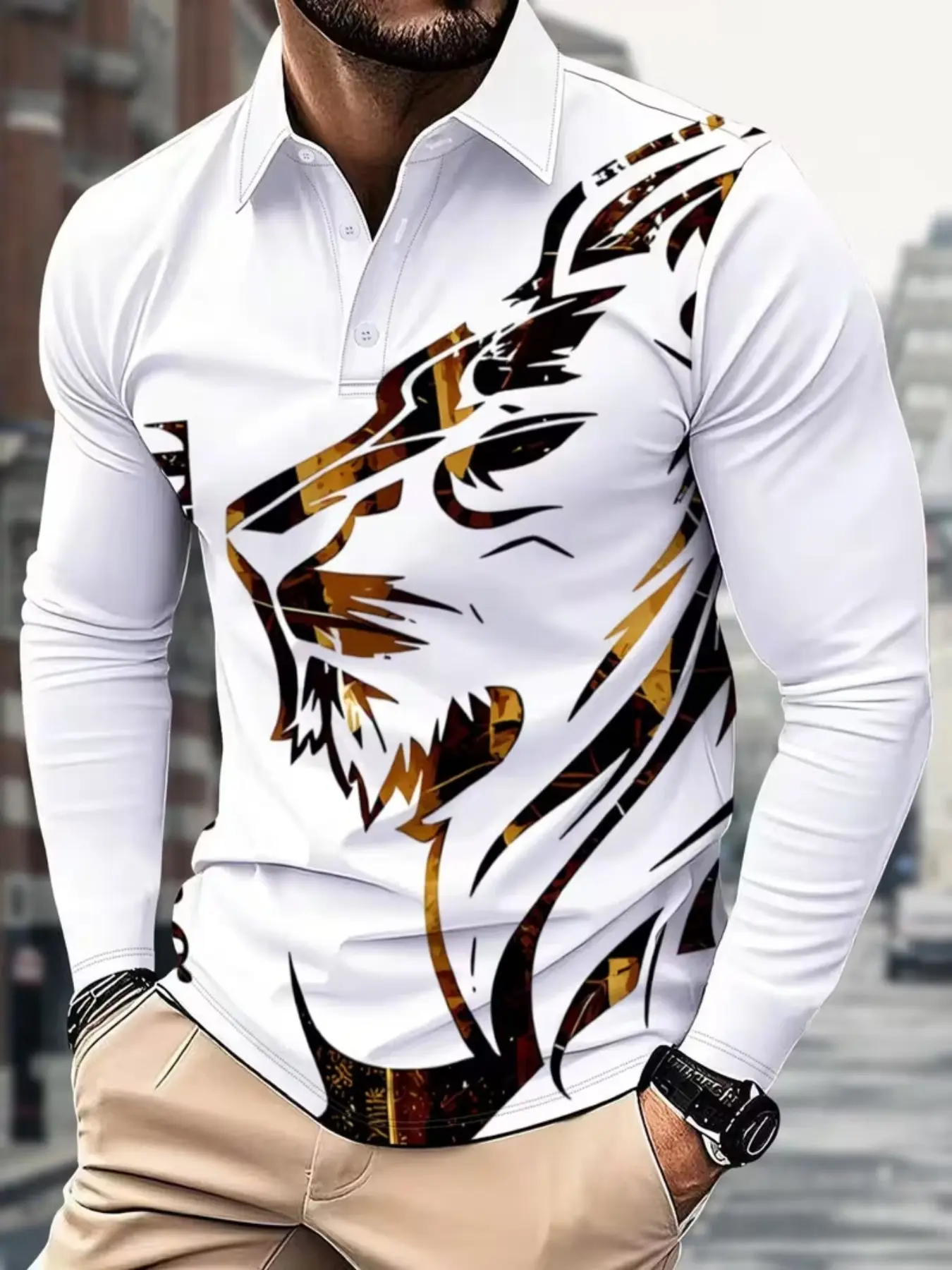 Men's Long Sleeve Polo Shirt, Casual Abstract Tiger Head Print, Loose Fit, Ideal for Daily Wear, Golf, Outdoor Activities, Breathable Polo Shirts