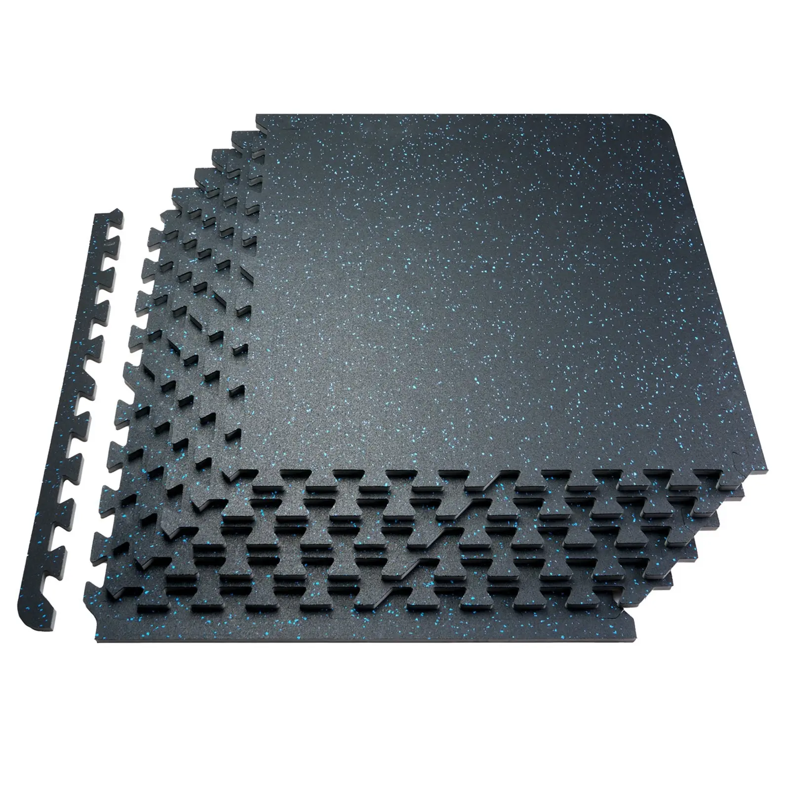Set of 6 Interlocking Gym Floor Mats, 0.56-Inch Thick, 24 x 24 Inch EVA Foam Rubber Top Puzzle Flooring, Waterproof Exercise Floor Tiles With 24 Sq Ft Coverage For Home Gym, Garage Or Basement, Black And Blue